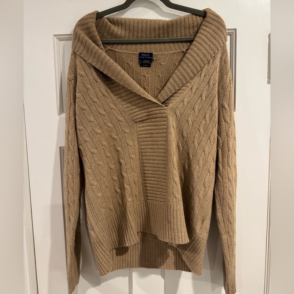 Polo Ralph Lauren Tan Cashmere Cable Knit Cowl Neck Sweater